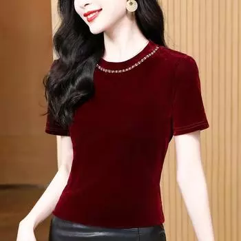 Новый стиль, универсальная и элегантная футболка с круглым вырезом, короткими рукавами, украшенная бисером, бархатная внутренняя и внешняя часть, базовая рубашка M чёрный