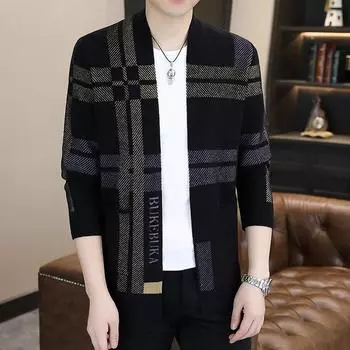 Новый стиль, весна и осень, вязаный кардиган с длинными рукавами для молодых и мужчин среднего возраста, тонкий и красивый кардиган с окантовкой M