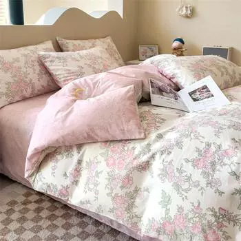 Новый стиль, высококачественный принт, хлопковая простыня, стираная, весна-лето, комплект из 4 предметов, универсальная для всех сезонов, двуспальная кровать, дышащая 200x230cm розовый