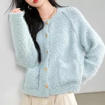 Новый стиль желтого вязаного кардигана для женщин на осень и зиму, ленивый круглый свитер с горловиной S