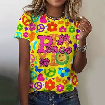 Новый стиль Женская футболка с принтом мира большого размера Летняя женская одежда Большие размеры Футболки с коротким рукавом Женская дешевая рубашка S