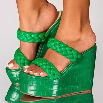 Новый стиль, женская обувь на танкетке с открытым носком, модные шлепанцы ручной работы с тканым ремешком, летние босоножки на платформе и высоком каблуке 37 зелёный