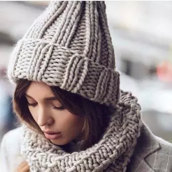 Новый стиль, женская вязаная шапка, зимняя теплая однотонная толстая шерстяная шапка бежевый