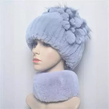 Новый стиль, женские вязаные меховые шапки, шарф, 2 шт., женская теплая шапка из меха кролика рекс, шарф, зима ONE SIZE