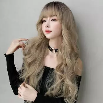 Новый стиль, золотистый длинный кудрявый парик с воздушной челкой - европейский и американский женский дизайн Cool Brown 68CM