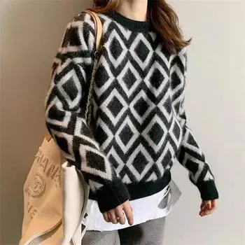 Новый свитер из енота с ленивым ветром, черный свитер для женщин на осень и зиму, утолщенный трикотажный верх, свободный внешний свитер one size fits all чёрный