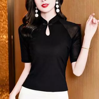 Новый свитер из ледяного шелка для женщин, модификация Cheongsam, тандемные пуговицы, китайский стиль, ретро, футболка с короткими рукавами для женщин M чёрный