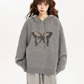 Новый свитер осень и зима пуловер с капюшоном серый корейский стиль ленивая верхняя одежда трикотаж свитер куртка топ свободный толстый S серый