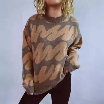 Новый свитер-пуловер женский толстый круглый вырез волнистый полосатый вязаный свитер верх S серый