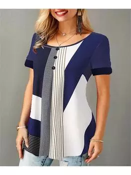 Новый свитер с принтом, свободная футболка с круглым вырезом и короткими рукавами, женская одежда больших размеров S синий