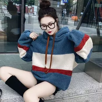 новый свободный бархатный утолщенный студенческий свитер из овечьей шерсти для студенток, куртка с капюшоном M синий