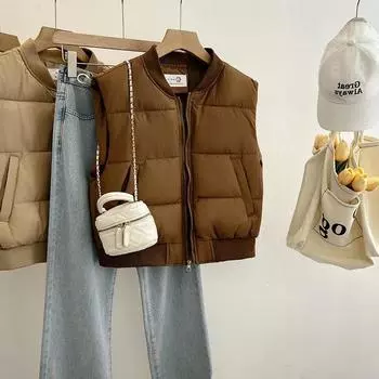 Новый свободный короткий хлопковый жилет Dongdaemun, женский модный бейсбольный воротник, однотонный универсальный тонкий жилет M бежевый