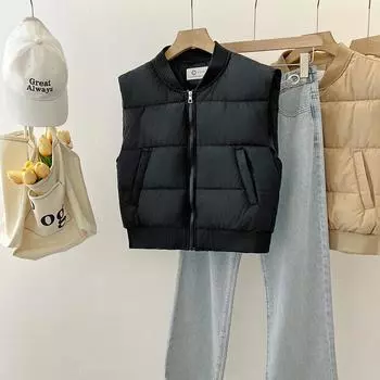 Новый свободный короткий жилет Dongdaemun с хлопковой подкладкой, женский модный бейсбольный воротник, однотонный универсальный и тонкий жилет M