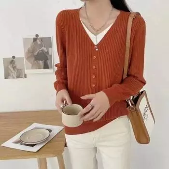 Новый свободный повседневный простой V-образный вырез с пуговицами, модный поддельный двухсекционный вязаный свитер с длинными рукавами One Size чёрный