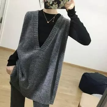 Новый свободный свитер большого размера, женский универсальный вязаный свитер, глубокий V-образный вырез, безрукавка, жилет, топ one size fits all темно-коричневого