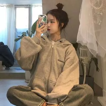 Новый свободный свитер с капюшоном в стиле Bf для пары с длинным рукавом, пальто для студенток, женское пальто для женщин с кросс-бордером S серый