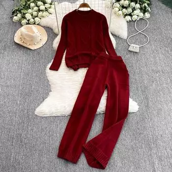 Новый свободный трикотажный свитер из жареного теста, женский зимний костюм из двух предметов с высокой талией, облегающие прямые широкие брюки one size розовый