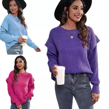 Новый свободный вязаный свитер с длинными рукавами и заниженными плечами для женщин S фиолетовый