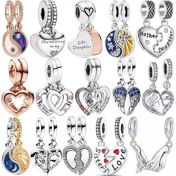 Новый связанный браслет для сестры, матери, дочки и друга в виде сердечек с разделенными подвесками, подходит для браслета из стерлингового серебра S925, ювелирные изделия, подарок