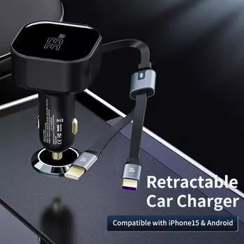 Новый телескопический кабель, автомобильное зарядное устройство, прикуриватель, автомобильная зарядная точка, сверхбыстрая зарядка, подходит для Xiaomi, Huawei, Apple 15. F735(C+Lighning) чёрный