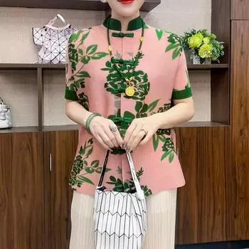 Новый темперамент, модный и повседневный стиль, универсален для лета, ретро-женский топ на пуговицах в китайском стиле, с короткими рукавами. One Size чёрный