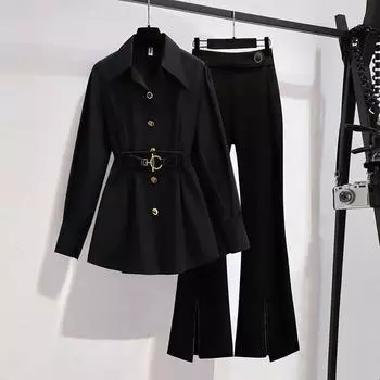 Новый темпераментный дизайн с ощущением талии, костюм с воротником, рубашка, слегка расклешенные брюки, тонкие женские модные штаны M