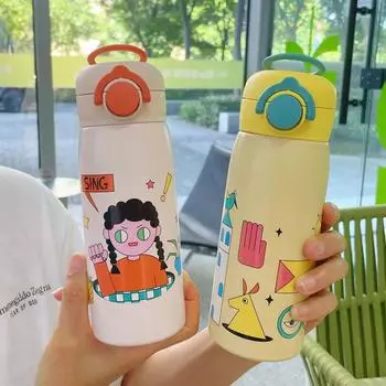 Новый термос с прямым напитком, чашка с рисунком, красочная девушка, красивая студенческая детская милая портативная изоляционная чашка 400ml синий