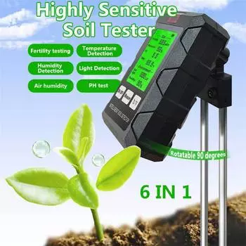 Новый тестер почвы Влажность почвы Температура почвы Плодородие почвы Значение pH почвы, Влажность воздуха Интенсивность солнечного света Детектор Шесть функций в одном Тестер почвы чёрный
