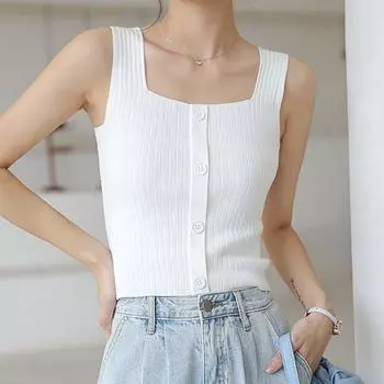 Новый топ на бретельках с квадратным вырезом, вязаные укороченные топы, женские летние майки на пуговицах, модный повседневный женский укороченный жилет без рукавов S чёрный