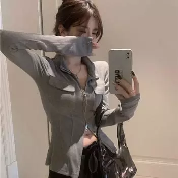 Новый топ с двойной молнией в американском стиле для горячих девушек, низ с длинными рукавами и строчкой в стиле Ins S серый
