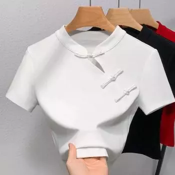 Новый топ с косой планкой на пуговицах в китайском стиле для лета, новая рубашка с воротником-стойкой в китайском стиле для женщин S чёрный