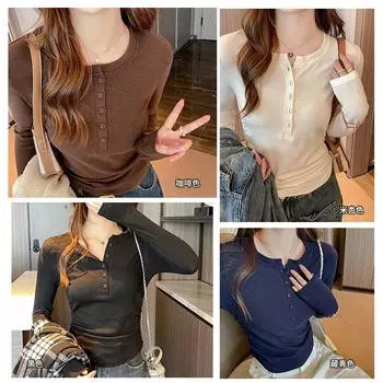 Новый топ с круглым вырезом и длинными рукавами для женщин, ранняя осень, облегающий дизайн футболки, базовая рубашка S (suitable for weight 70-47.5 kg) чёрный