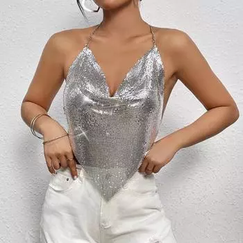 Новый топ-труба с металлическими цепочками и блестками XS серебряный
