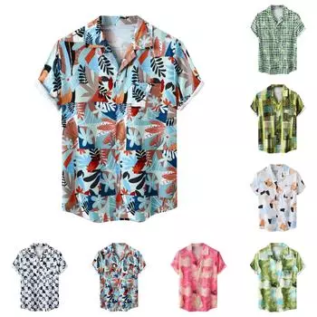 Новый топ в гавайском пляжном стиле с кубинским вырезом из ледяного шелка и цифровым принтом с короткими рукавами и цветочным принтом XL