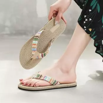 Новый тренд женской моды: противоскользящие, износостойкие, удобная мягкая подошва, шлепанцы на плоском каблуке в этническом стиле 36 бежевый