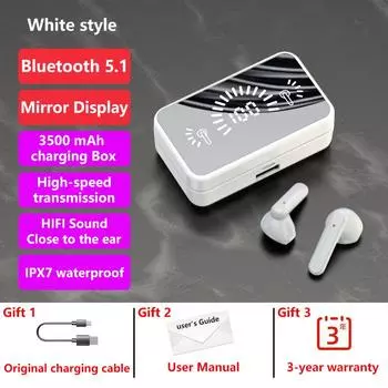 Новый TWS Bluetooth 5.1 Наушники 3500 мАч Зарядное устройство Беспроводные наушники 9D Стерео Спорт Водонепроницаемые наушники Гарнитуры HIFI Стерео IPX7 белый