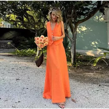 Новый уличный комплект из хлопкового льна, жилета и юбки, весенний женский топ без рукавов с V-образным вырезом и свободной юбкой с высокой талией из двух предметов S оранжевый