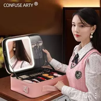 Новый умный чехол для макияжа со светодиодной подсветкой для женщин с зеркалом, профессиональные водонепроницаемые дорожные косметички большой емкости из искусственной кожи