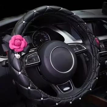 Новый универсальный чехол на руль автомобиля из кожи камелии, бриллиантовый блестящий автомобильный аксессуар для интерьера для женщин и девочек, украшение для автомобиля чёрный