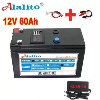 Новый USB-дисплей 12 В 60 Ач 18650 литиевый аккумулятор подходит для солнечной энергии и аккумулятора электромобиля + зарядка 12,6 В белый