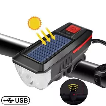 Новый USB перезаряжаемый велосипедный фонарь Солнечные перезаряжаемые фонари для горного велосипеда Водонепроницаемый велосипедный фонарь с рупором Светодиодные бусины T6 3 режима освещения Дальность действия 200 м красный