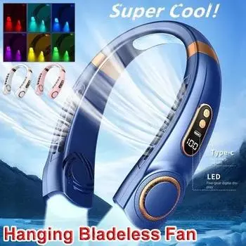 Новый USB-вентилятор для шеи, летний портативный перезаряжаемый безлопастный вентилятор для шеи, бесшумный светодиодный дисплей, кемпинг, спорт, 360 °, окружающий ветер, цифровой дисплей fan белый