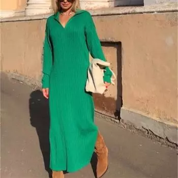 Новый узор, женское осенне-зимнее сексуальное вязаное платье-свитер с v-образным вырезом и длинными рукавами, прямой уютный пуловер с длинными рукавами, тонкие платья S бежевый