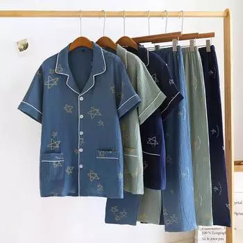 Новый весенне-летний мужской пижамный комплект из 100% хлопкового крепа с короткими рукавами, комплект брюк, свободная повседневная домашняя одежда M синий