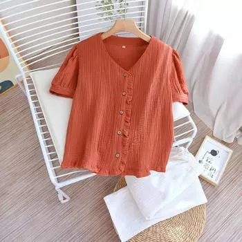 Новый весенне-летний пижамный комплект из 100% хлопка с коротким рукавом и брюками, комплект из двух предметов для женщин с кукольной горловиной, милый домашний декор M