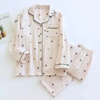 Новый весенне-летний женский пижамный комплект из 100% хлопкового крепа Cute Love с длинными рукавами, брюки, комплект из двух предметов, кардиган, домашняя одежда M