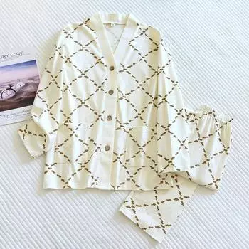 Новый весенне-летний женский пижамный комплект из 100% хлопка, женские брюки с V-образным вырезом и длинными рукавами в ромбовидную клетку, домашний костюм из двух частей, одежда для сна M бежевый