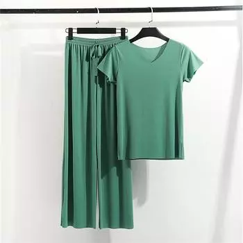 Новый весенне-летний женский пижамный комплект из двух предметов: модальные брюки с короткими рукавами, футболка с V-образным вырезом, тонкая повседневная домашняя пижама M