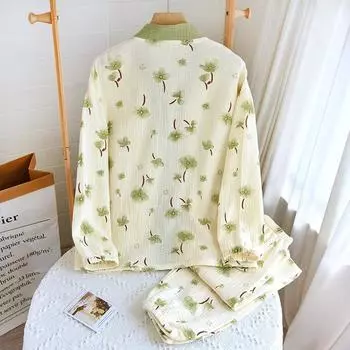 Новый весенне-летний женский пижамный комплект с длинными рукавами, штаны из 100% хлопкового крепа, кардиган с V-образным вырезом, домашний костюм из двух предметов, одежда для сна M