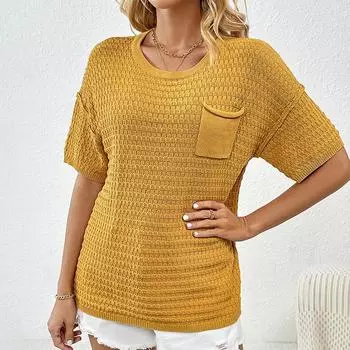 Новый весенне-летний женский пуловер с карманами, домашний однотонный женский трикотаж с короткими рукавами S чёрный